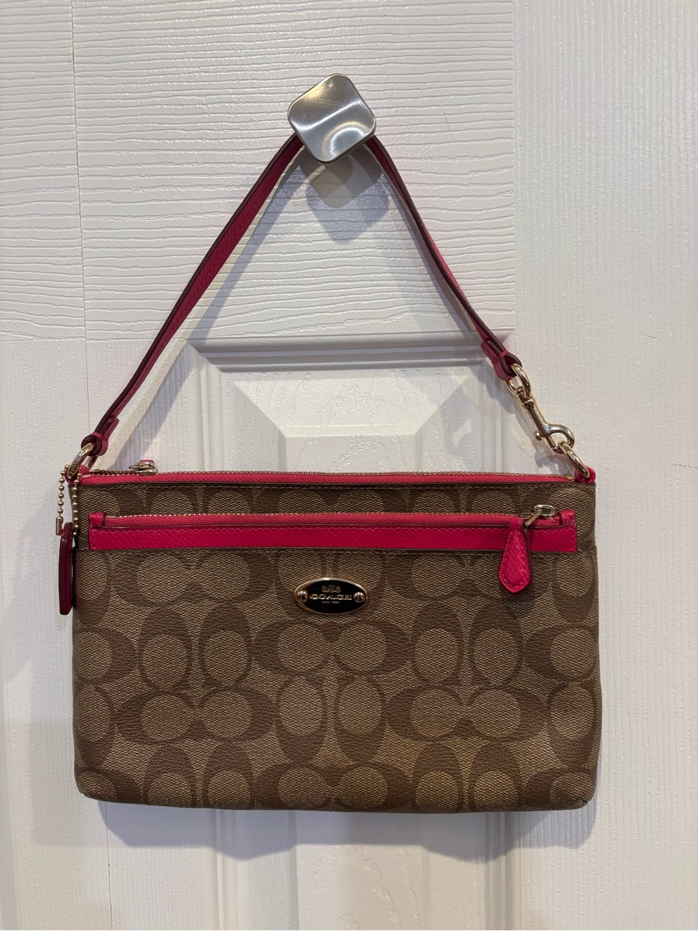 Coach Brown Signature Canvas Wristlet with Pink Trim and Strap